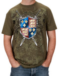 The Tudors coat of arms graphic on a green adult t-shirt.