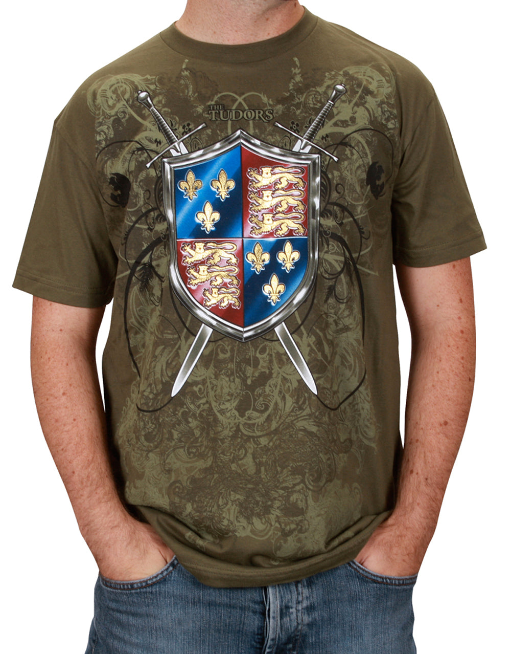The Tudors coat of arms graphic on a green adult t-shirt.