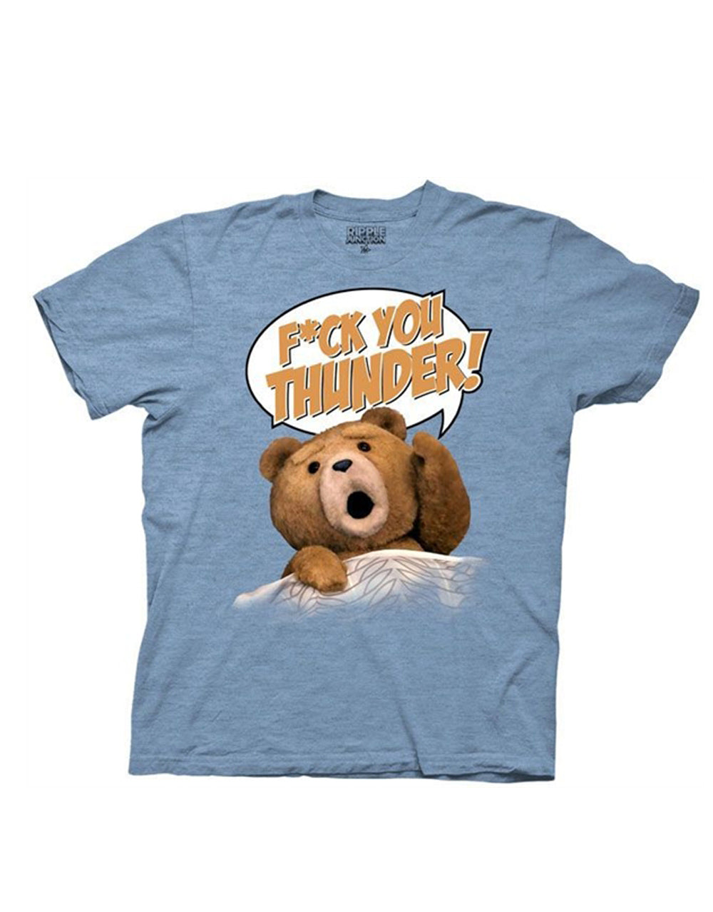 F*ck you thunder graphic on a blue heather adult t-shirt.