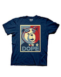 Dope graphic on a navy blue adult t-shirt.