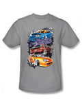 The Fast and the Furious smokin street cars graphic on a silver grey adult t-shirt.