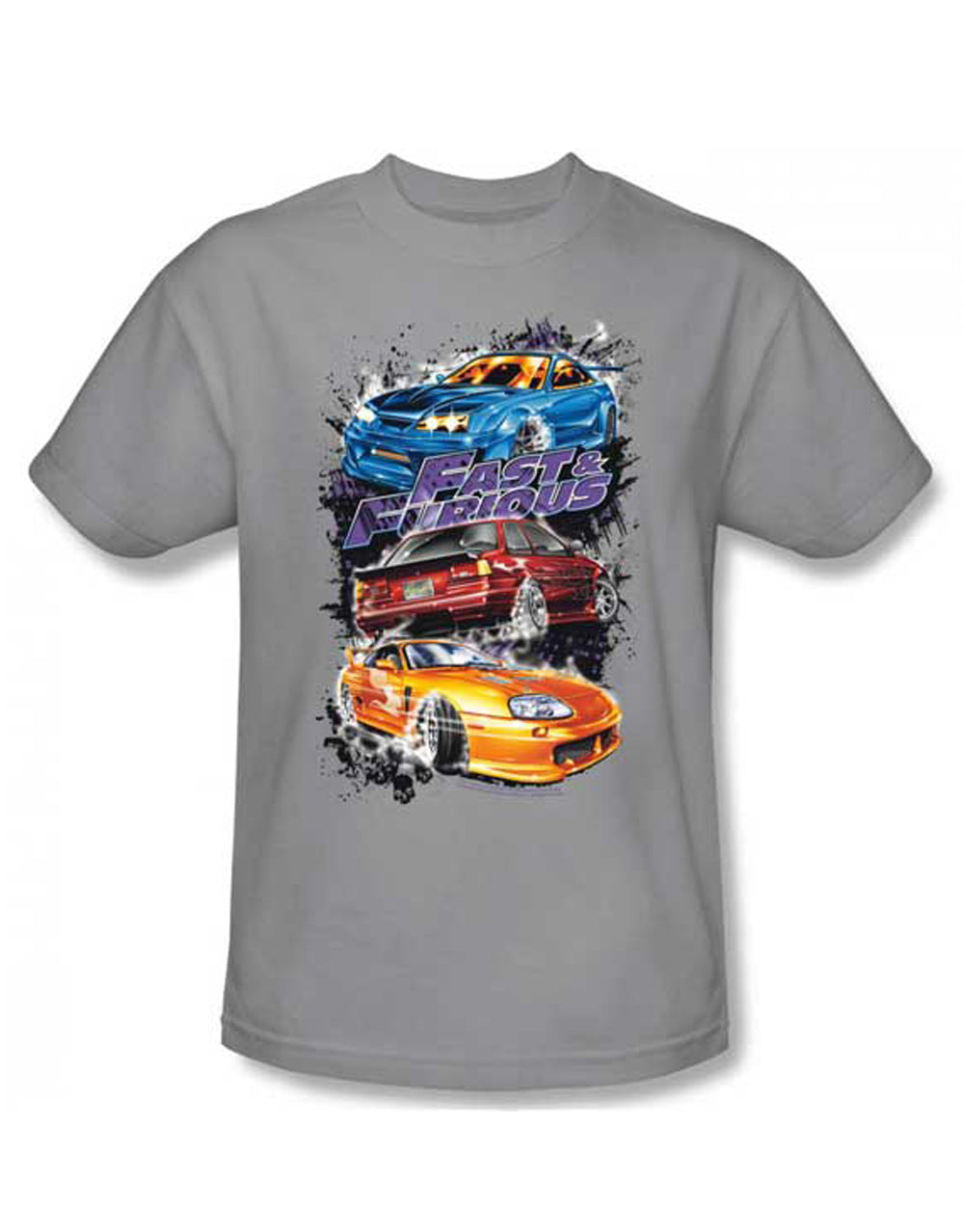 The Fast and the Furious smokin street cars graphic on a silver grey adult t-shirt.