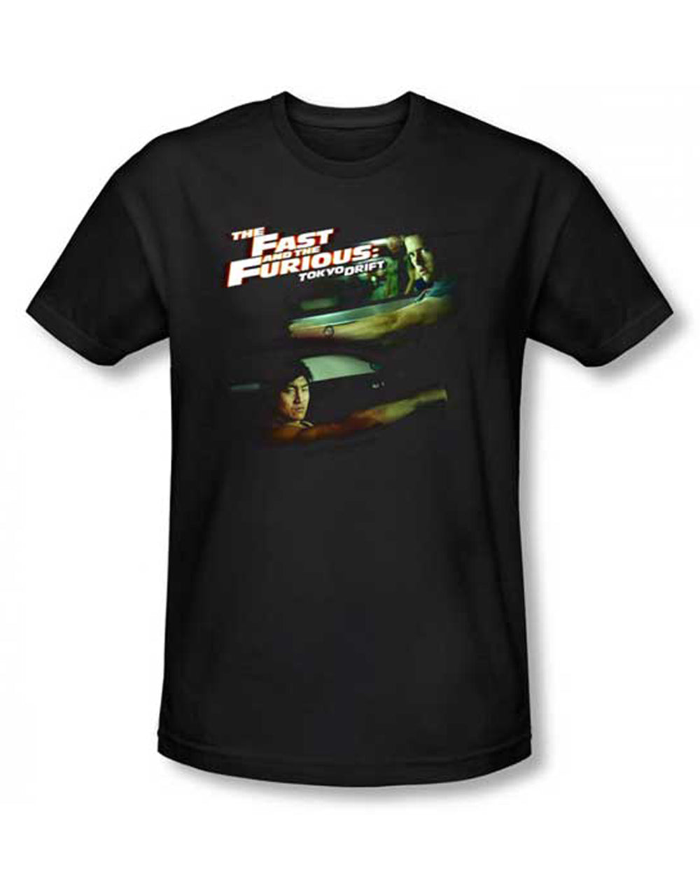 The Fast and the Furious drifting together graphic on a black adult t-shirt.