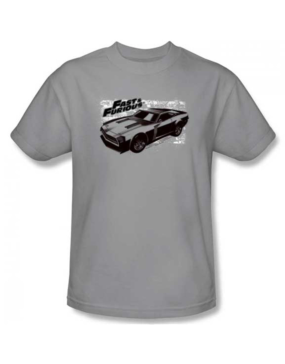 The Fast and the Furious spray car graphic on a silver grey adult t-shirt.