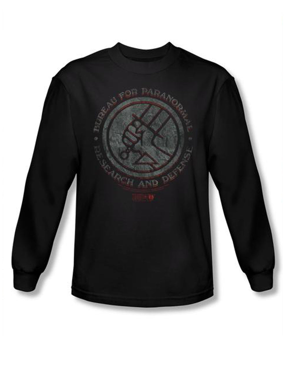 BPRD stone graphic on a black adult long sleeve top.