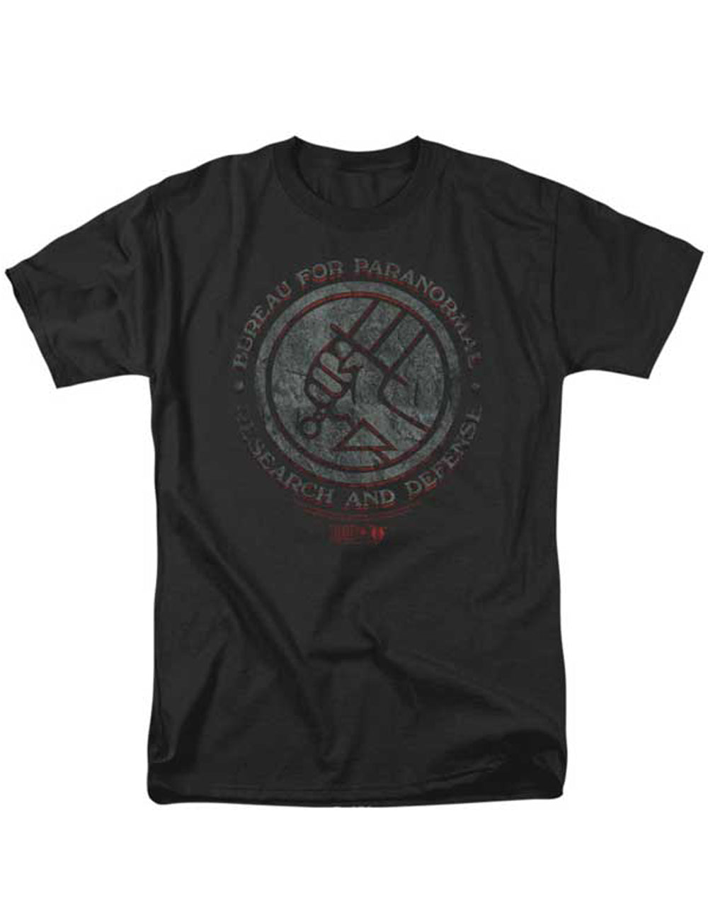 BPRD stone graphic on a black adult t-shirt.
