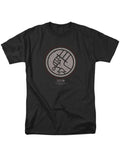 Mignola style logo graphic on a black adult t-shirt.
