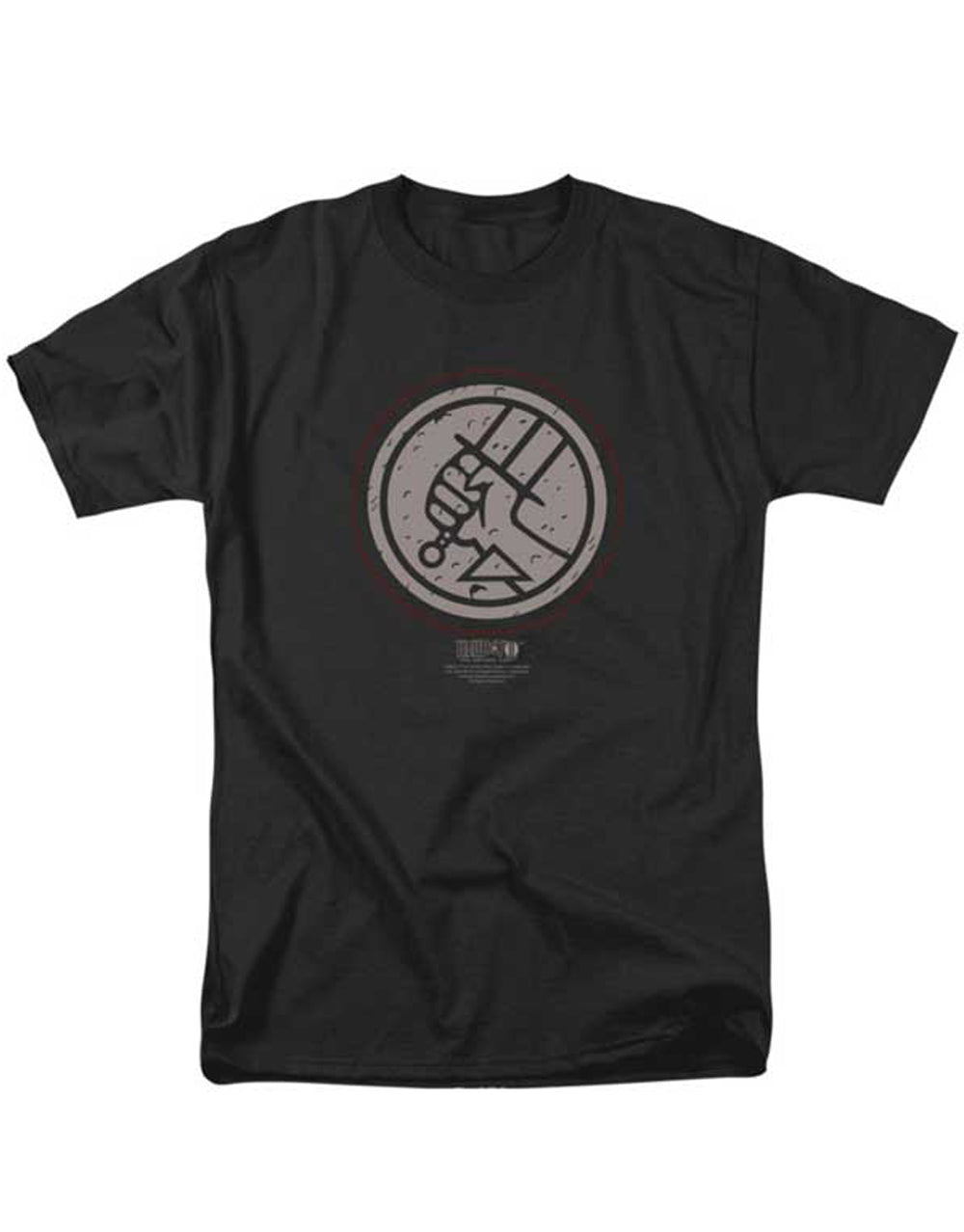 Mignola style logo graphic on a black adult t-shirt.