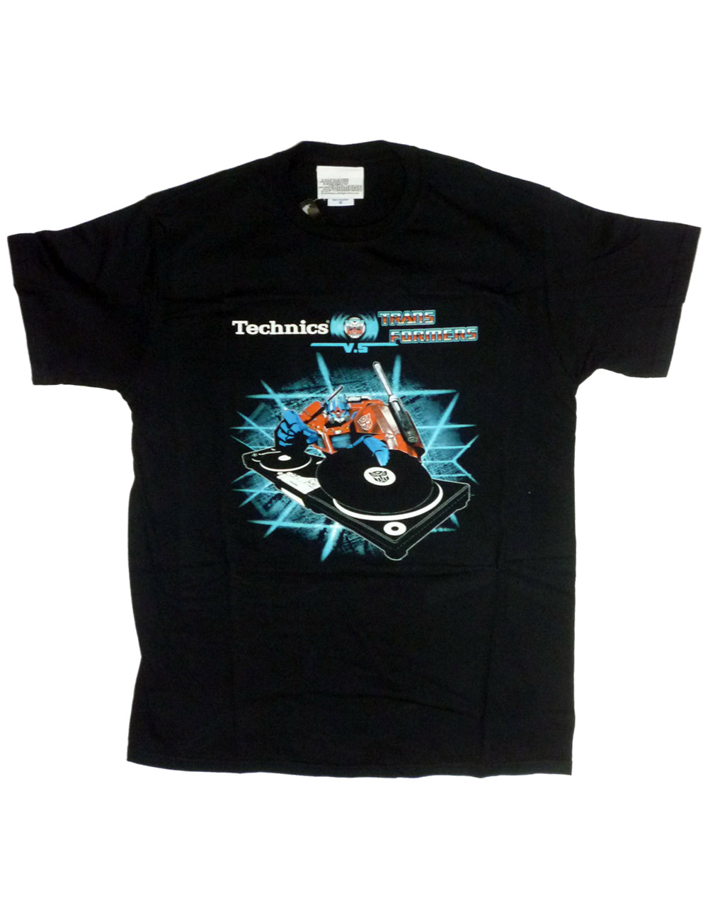 Transformers Prime mixing graphic on a black adult t-shirt.