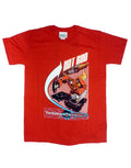 Transformers Hot Rod mixing graphic on a red adult t-shirt.