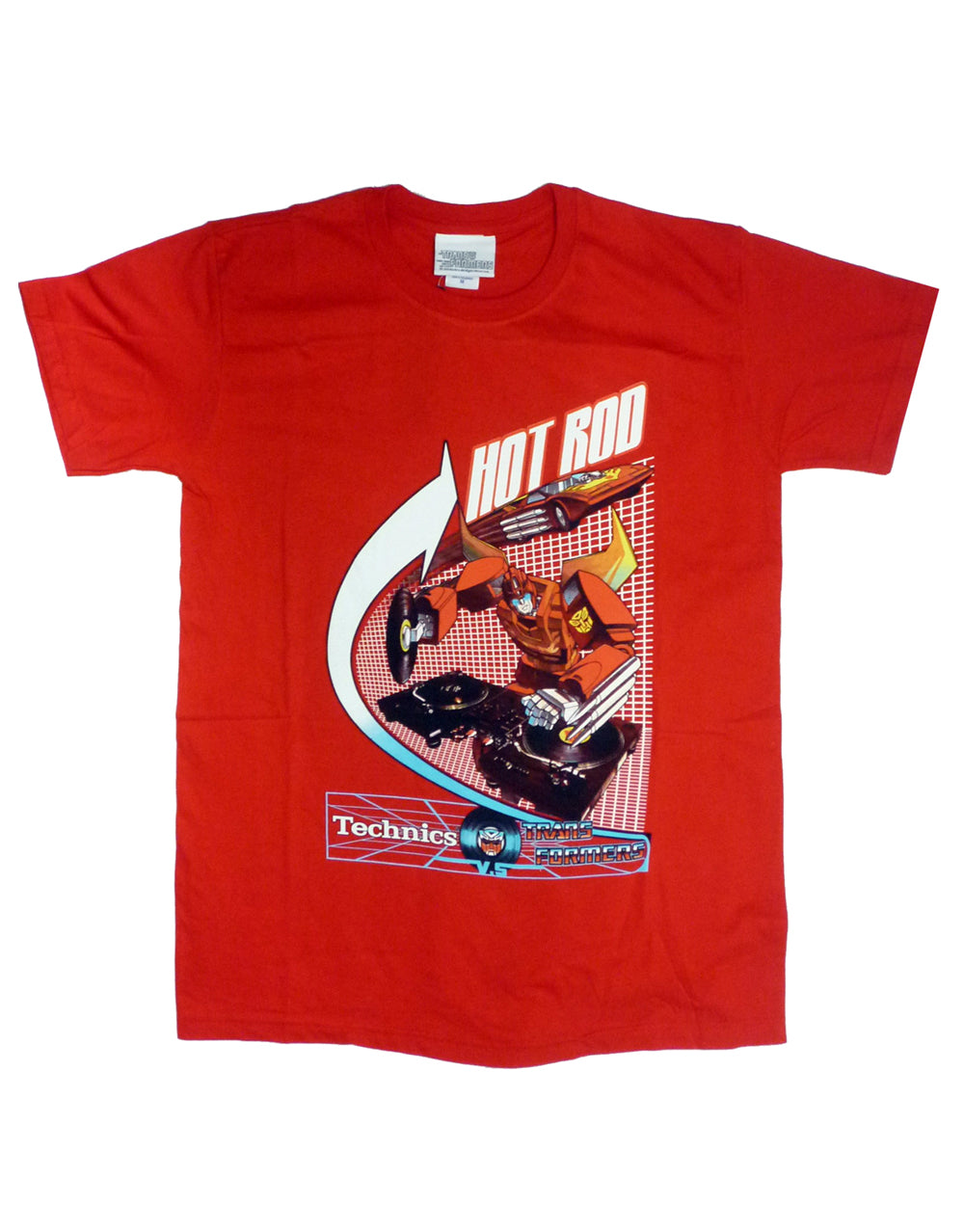 Transformers Hot Rod mixing graphic on a red adult t-shirt.