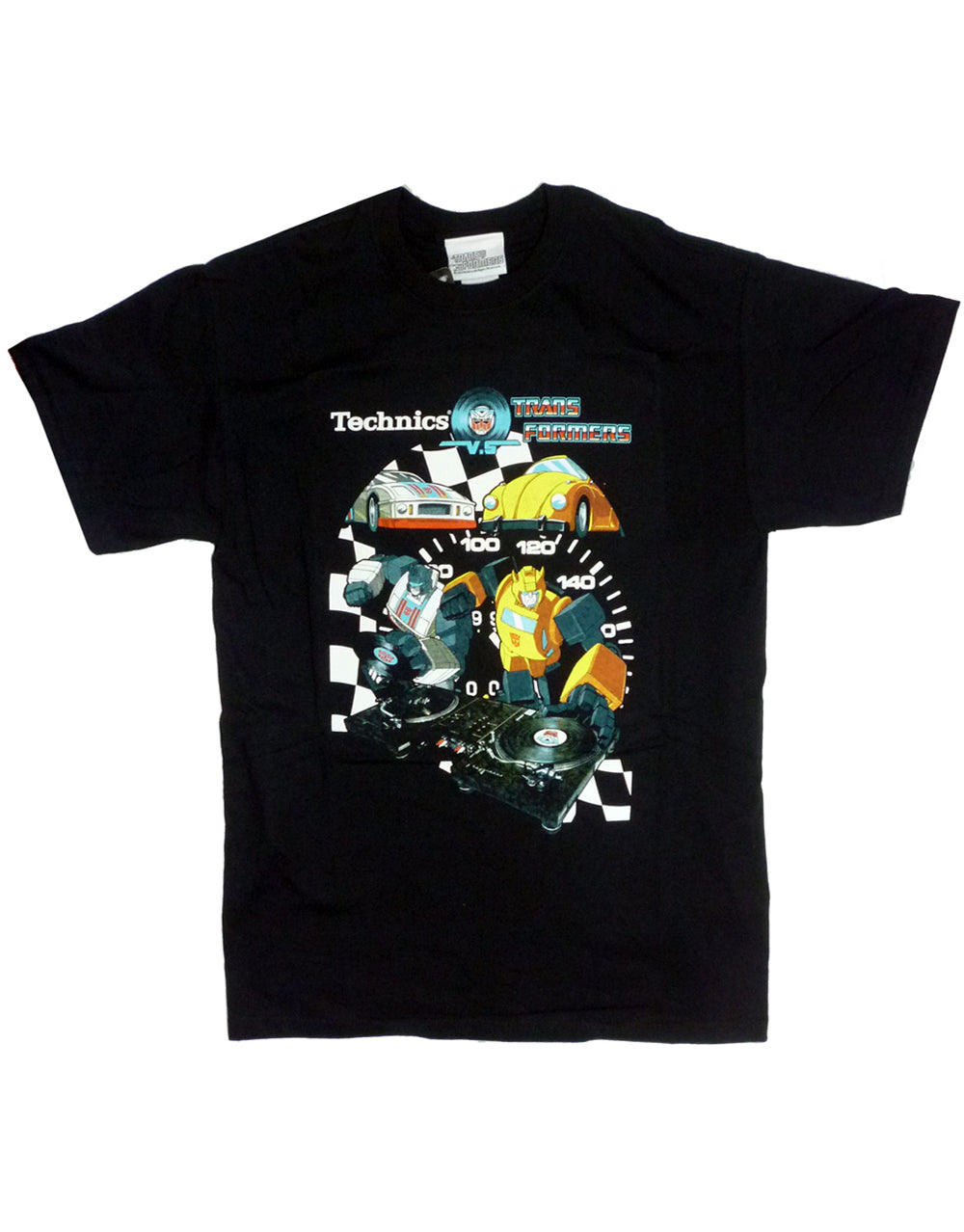 Transformers Jazz and Bumblebee graphic on a black adult t-shirt.