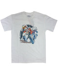 Transformers bots attack graphic on a white adult t-shirt.