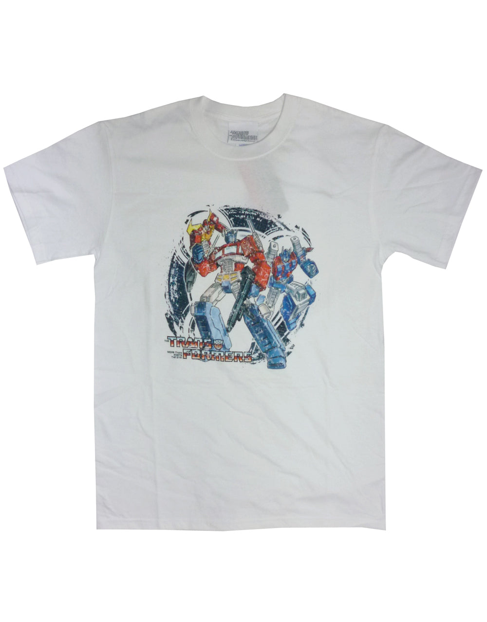 Transformers bots attack graphic on a white adult t-shirt.