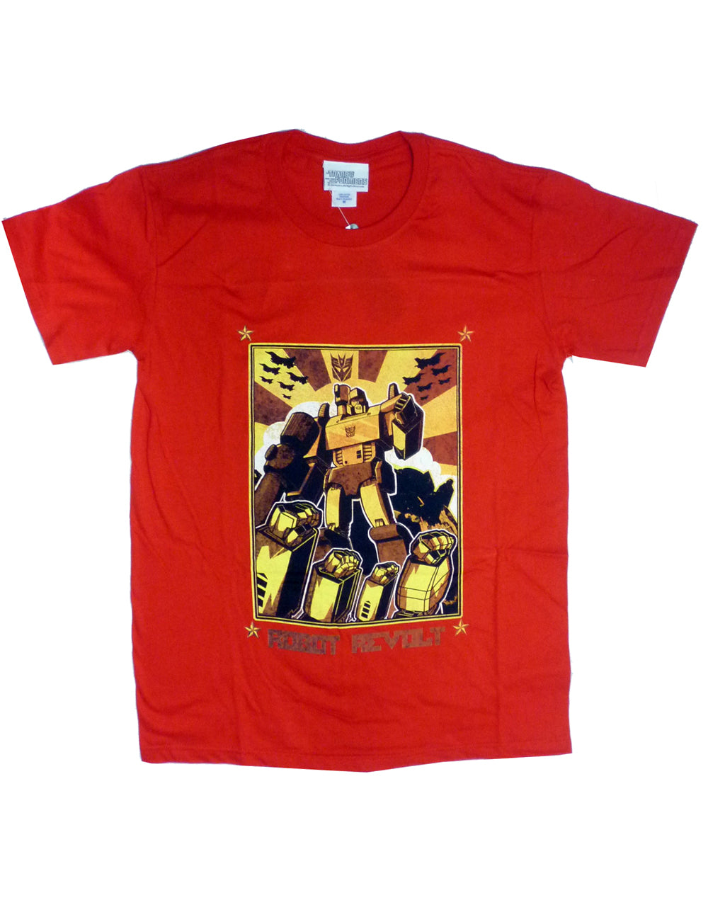 Transformers robot revolt graphic on a red adult t-shirt.
