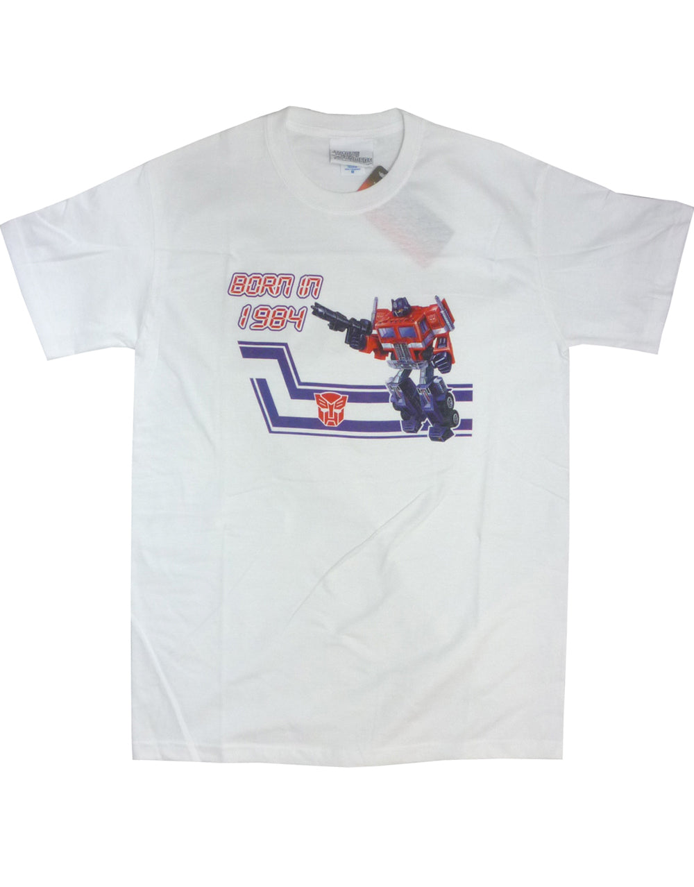 Transformers born in 1984 graphic on a white adult t-shirt.