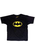 Batman classic logo graphic on a black kids t-shirt.