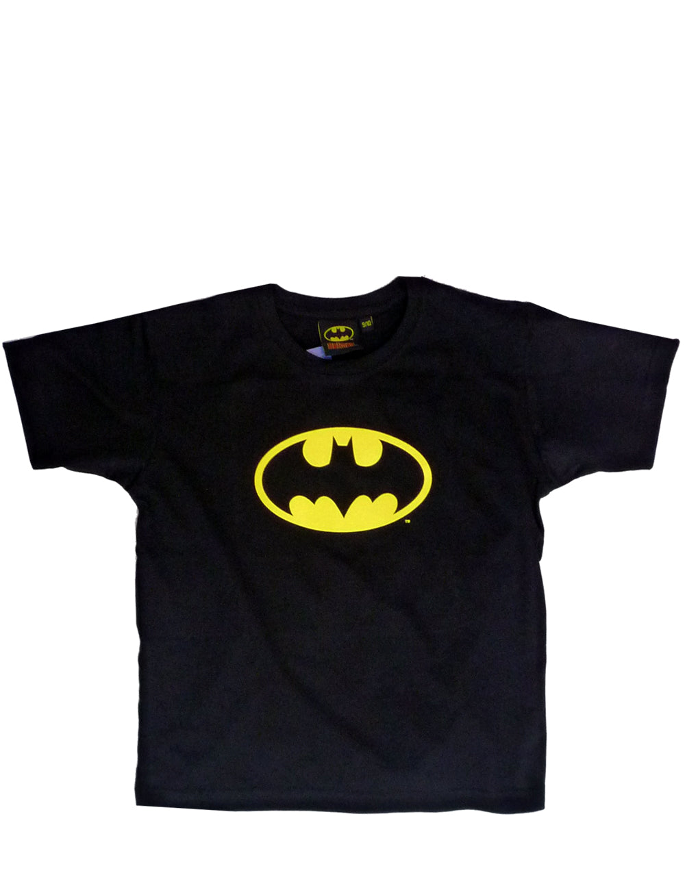 Batman classic logo graphic on a black kids t-shirt.