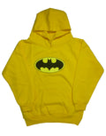 Batman classic logo graphic on a yellow kids hoodie.