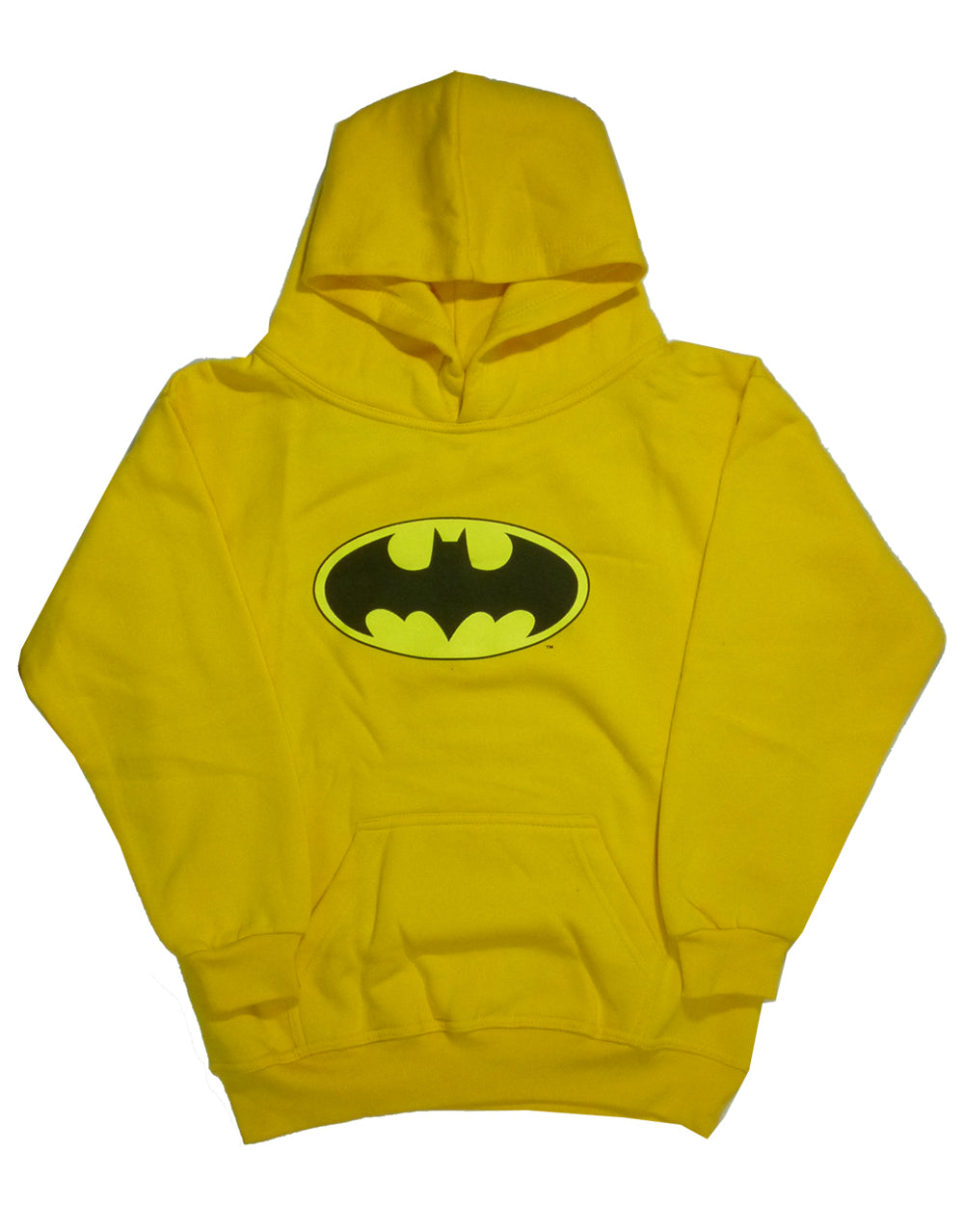 Batman classic logo graphic on a yellow kids hoodie.
