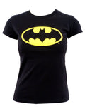 Batman classic shield graphic on a black women's t-shirt.