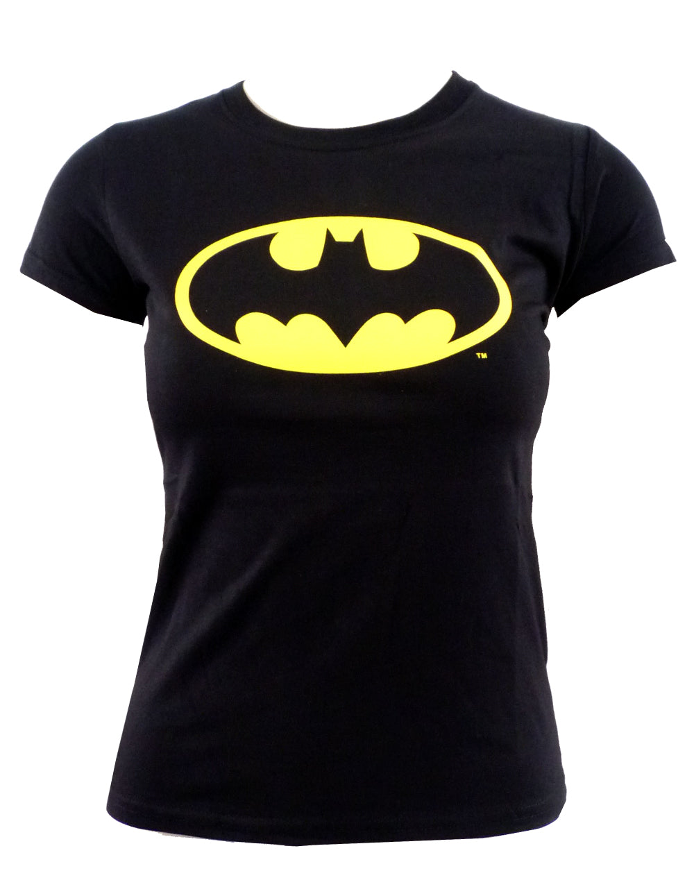 Batman classic shield graphic on a black women's t-shirt.