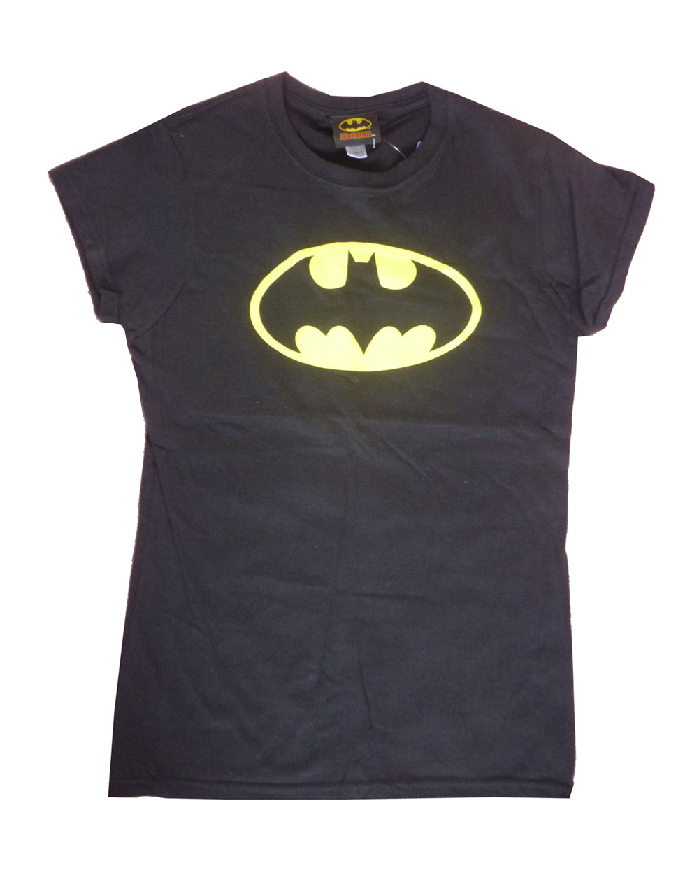 Batman classic symbol graphic on a black women's t-shirt.