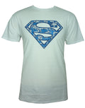 Superman symbol collage graphic on a white adult t-shirt.