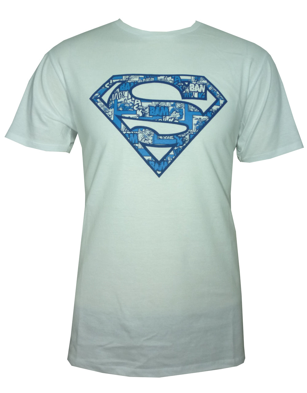 Superman symbol collage graphic on a white adult t-shirt.