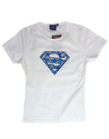 Supergirl collage graphic on a white women's t-shirt.