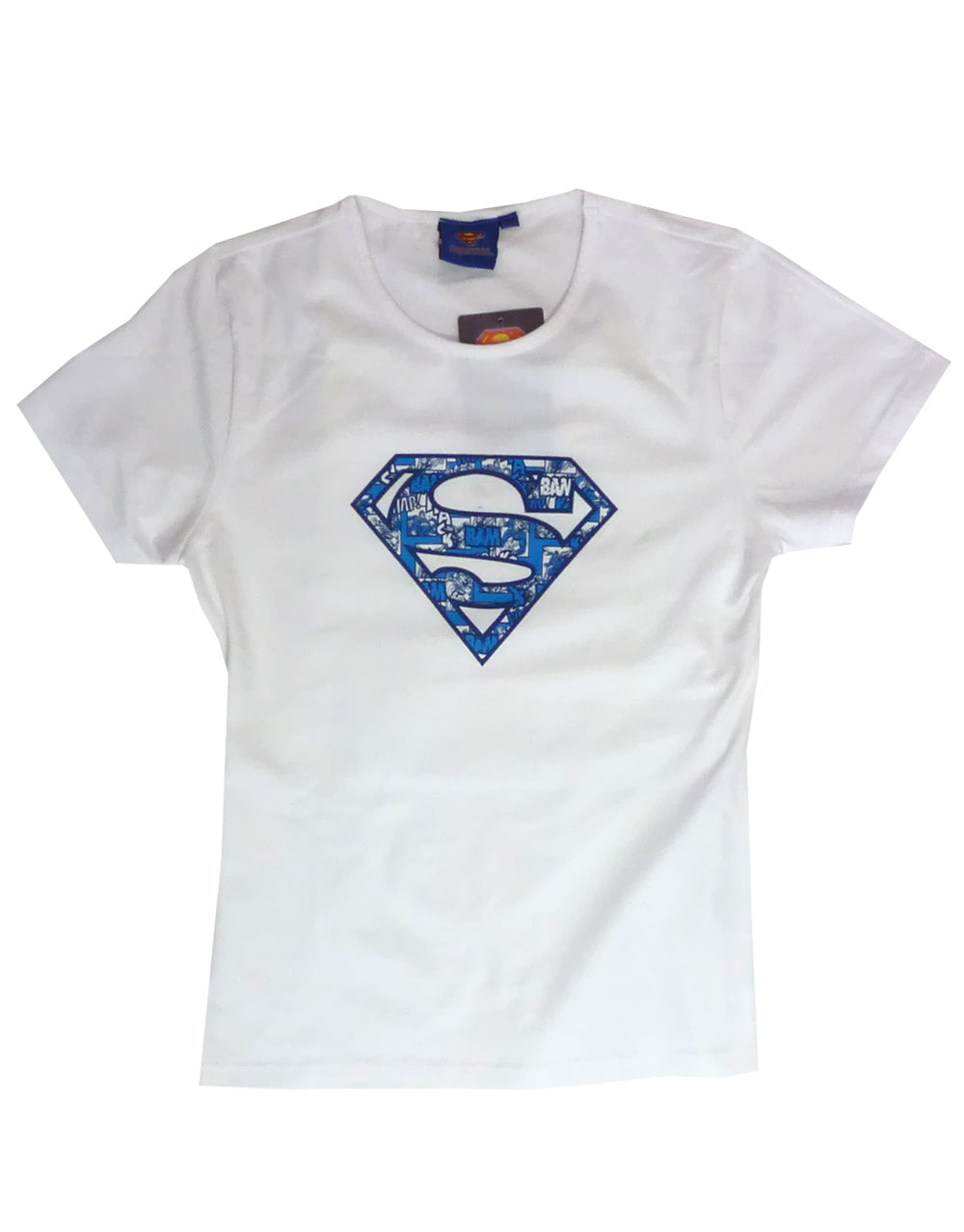 Supergirl collage graphic on a white women's t-shirt.