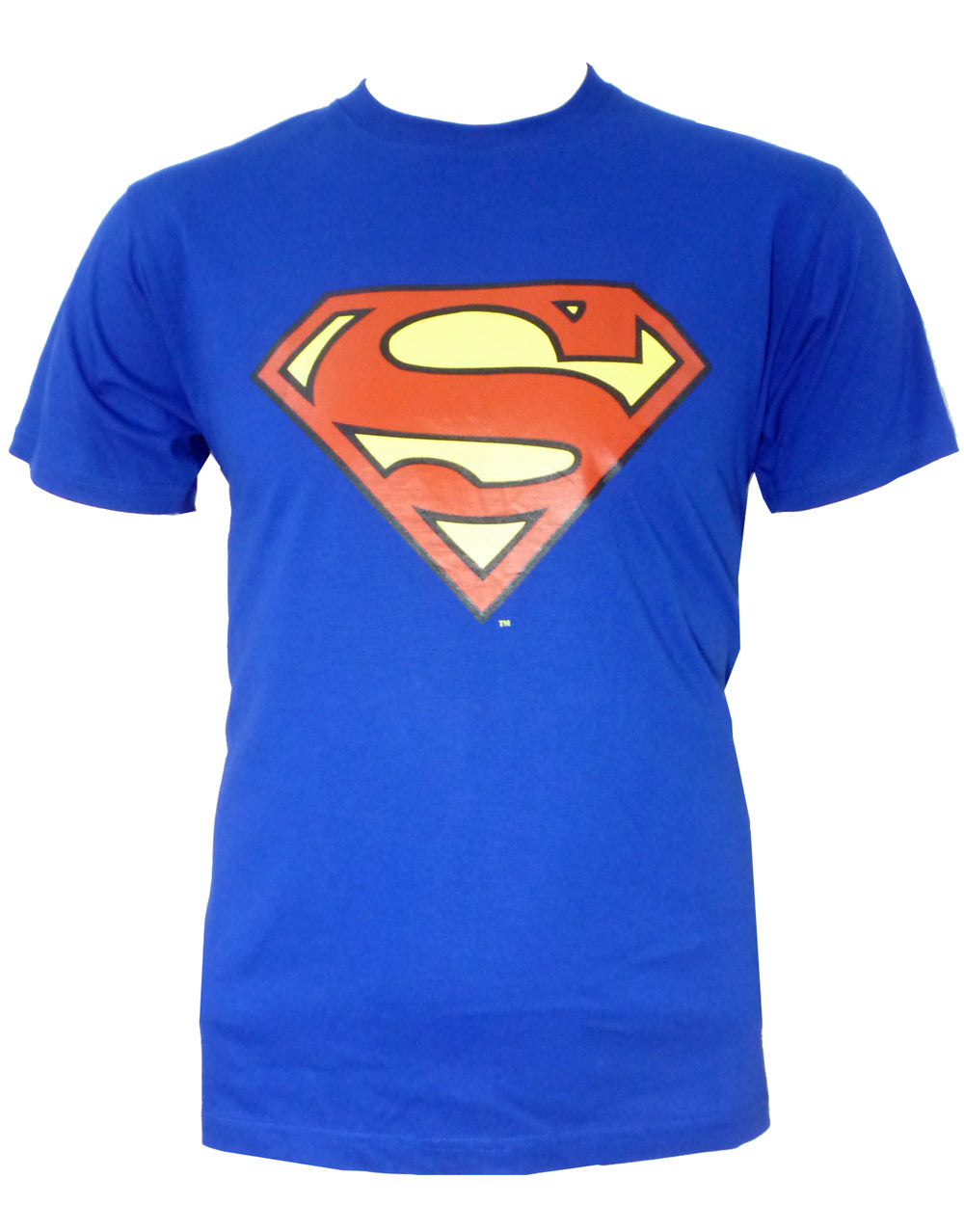 Superman classic symbol graphic on a blue adult t-shirt.