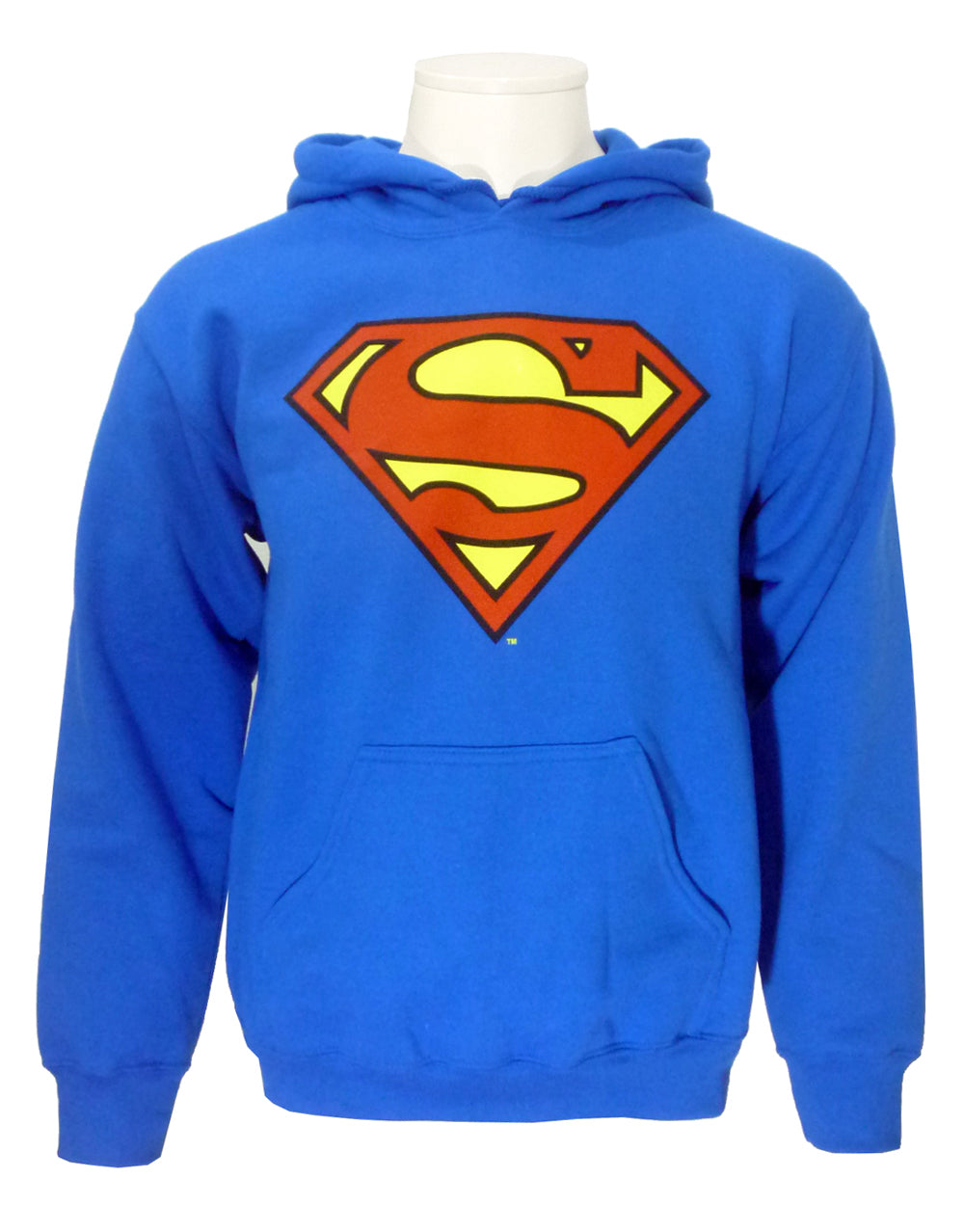 Superman classic logo graphic on a blue adult hoodie.