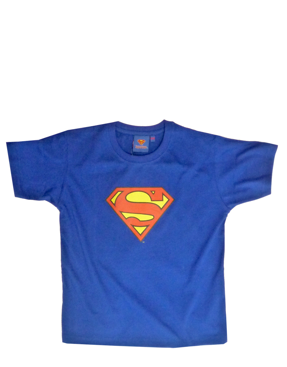 Superman classic logo graphic on a blue kids t-shirt.