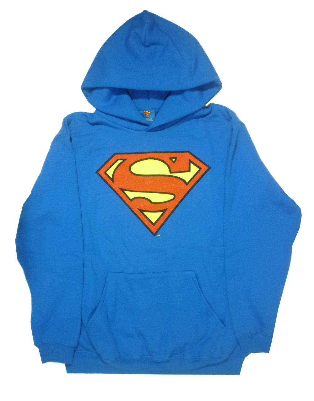 Superman classic logo graphic on a blue kids hoodie.