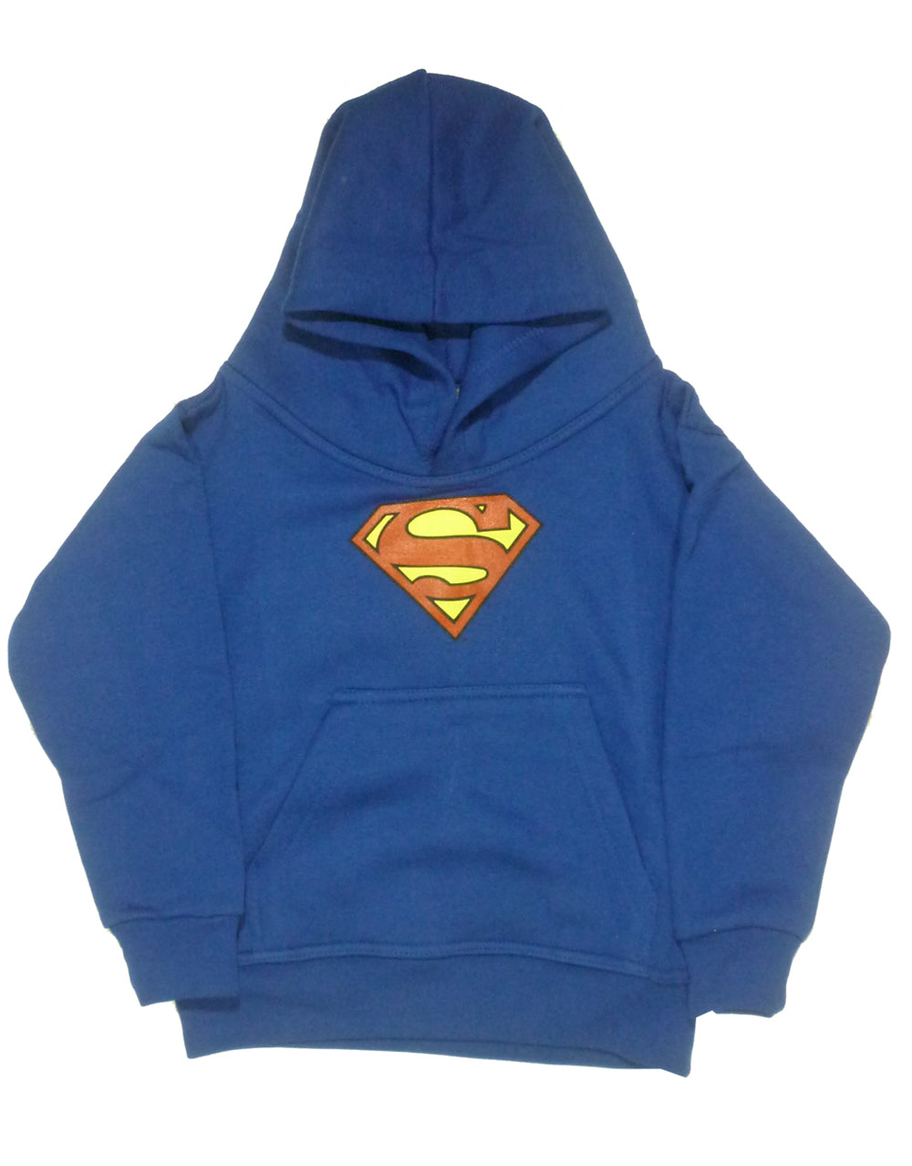 Superman classic small logo graphic on a blue kids hoodie.