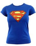 Supergirl classic emblem graphic on a blue women's t-shirt.