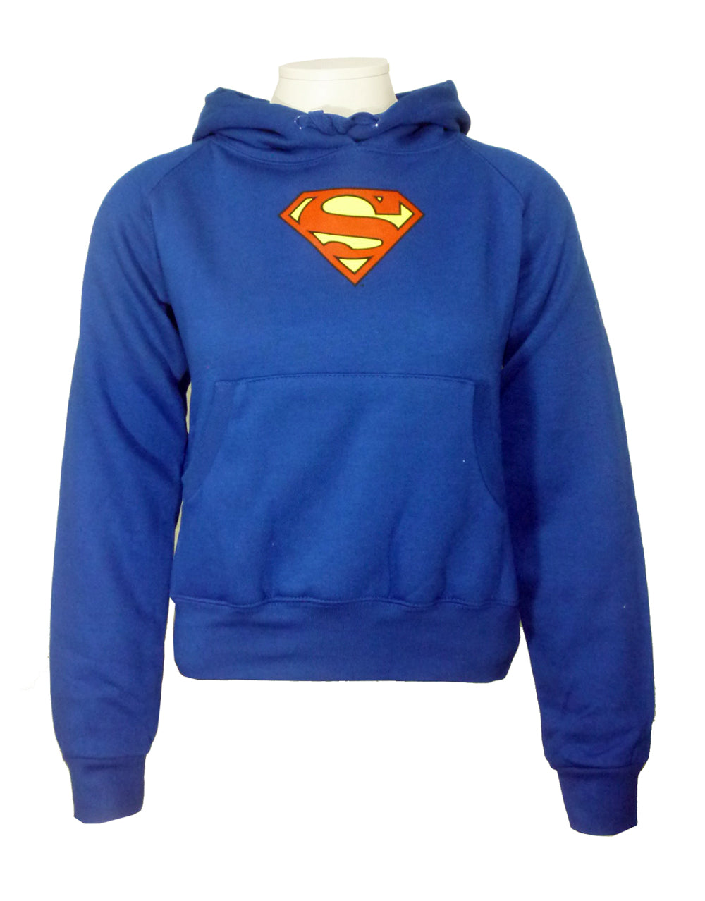 Supergirl classic small logo graphic on a blue women's hoodie.