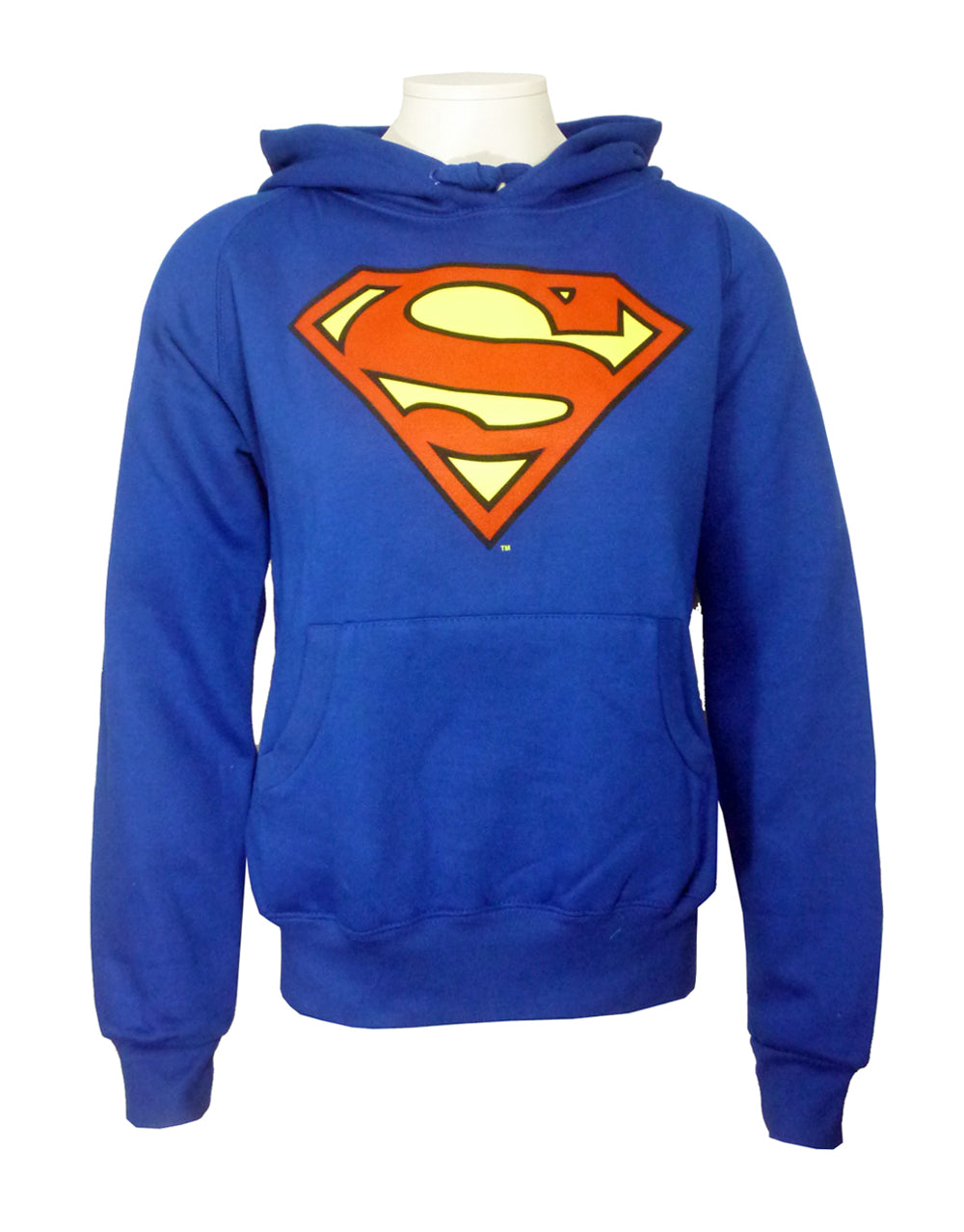 Supergirl classic logo graphic on a blue women's hoodie.