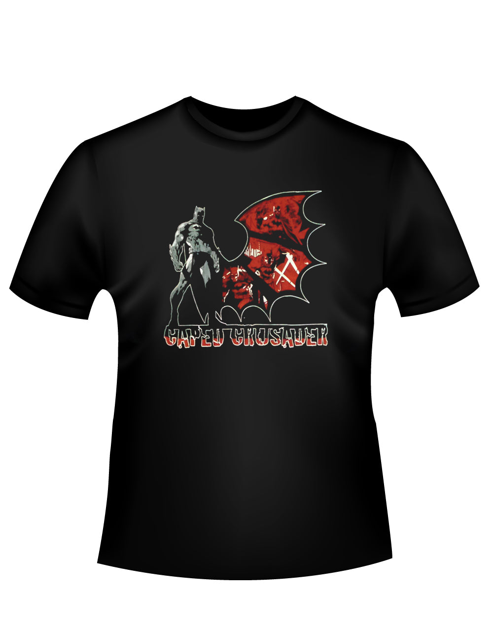Batman crusader graphic on a black adult t-shirt.