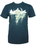 Batman Dark Knight graffiti graphic on a navy blue adult t-shirt.
