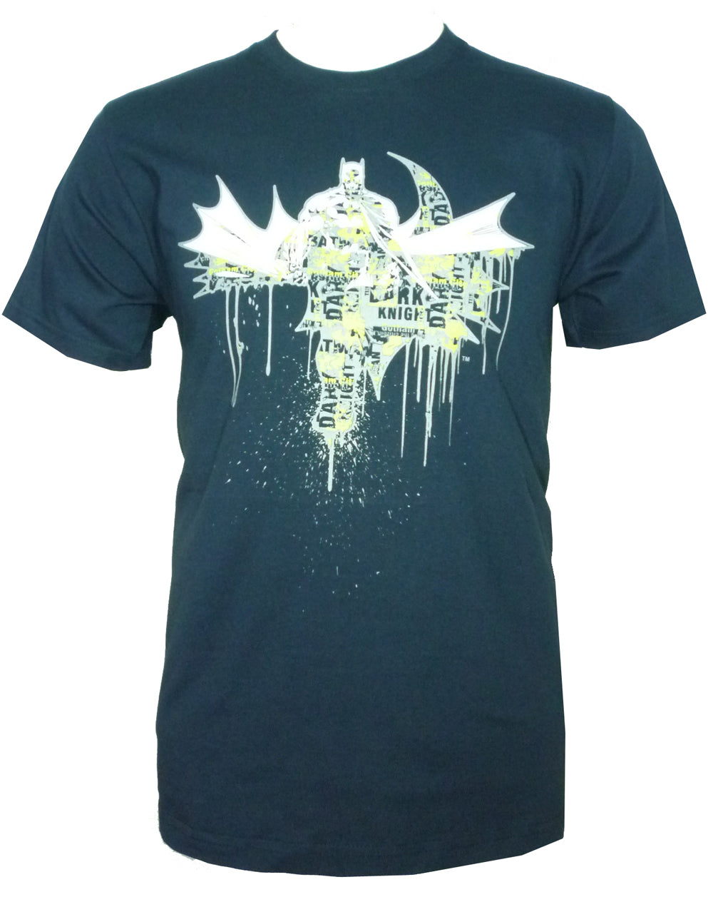 Batman Dark Knight graffiti graphic on a navy blue adult t-shirt.