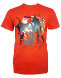 Batman obey graphic on a red adult t-shirt.
