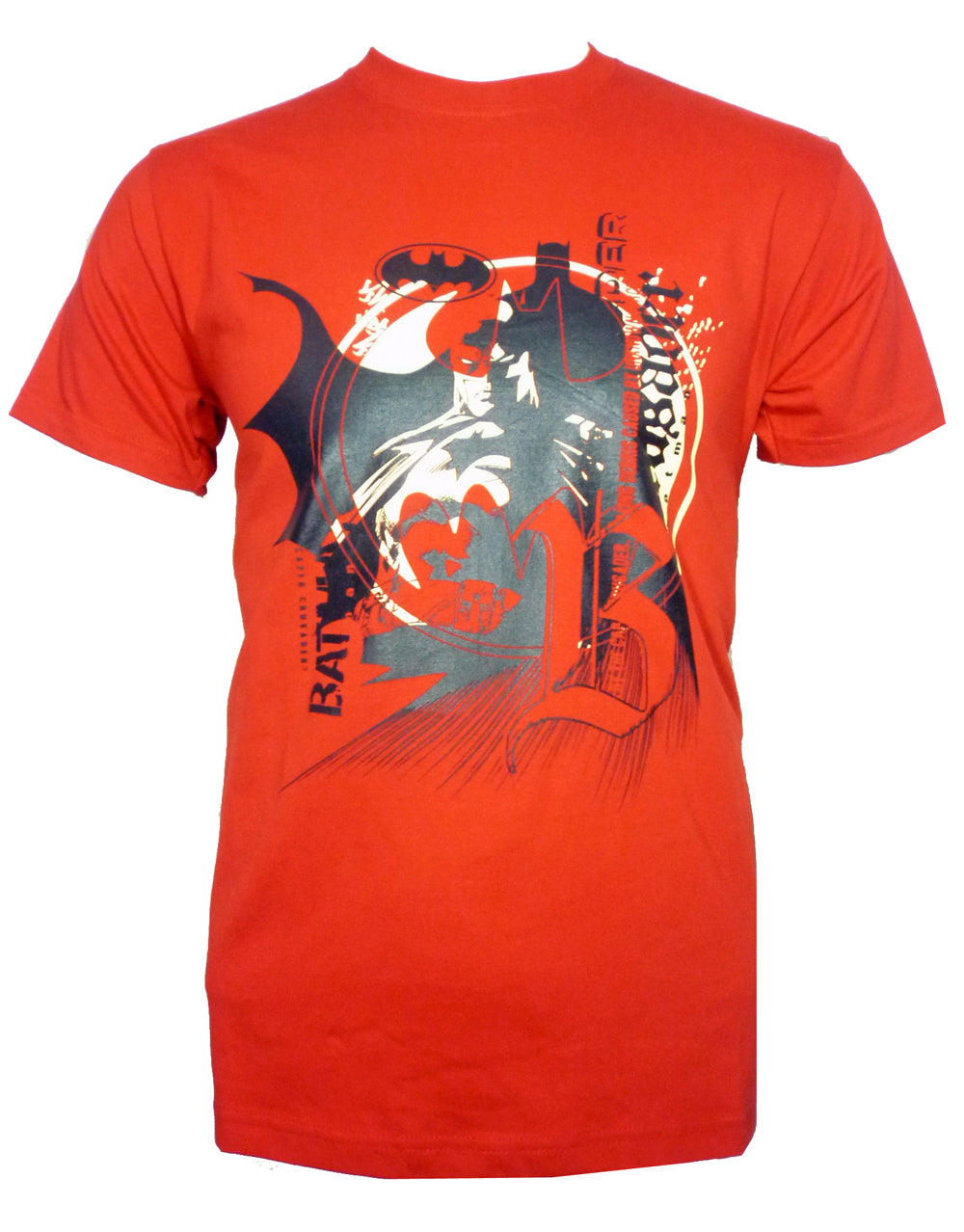 Batman obey graphic on a red adult t-shirt.