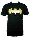 Batman gold logo graphic on a black adult t-shirt.