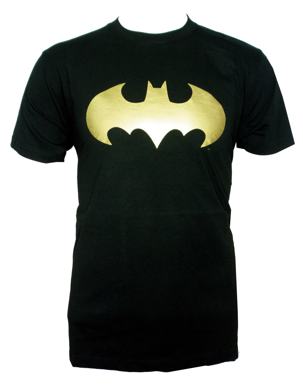 Batman gold logo graphic on a black adult t-shirt.