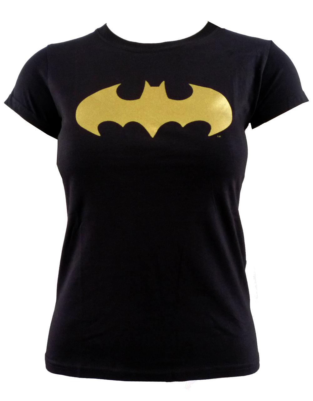 Batman gold logo graphic on a black women's t-shirt.
