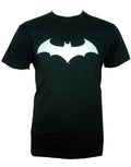 Batman silver sleek logo graphic on a black adult t-shirt.