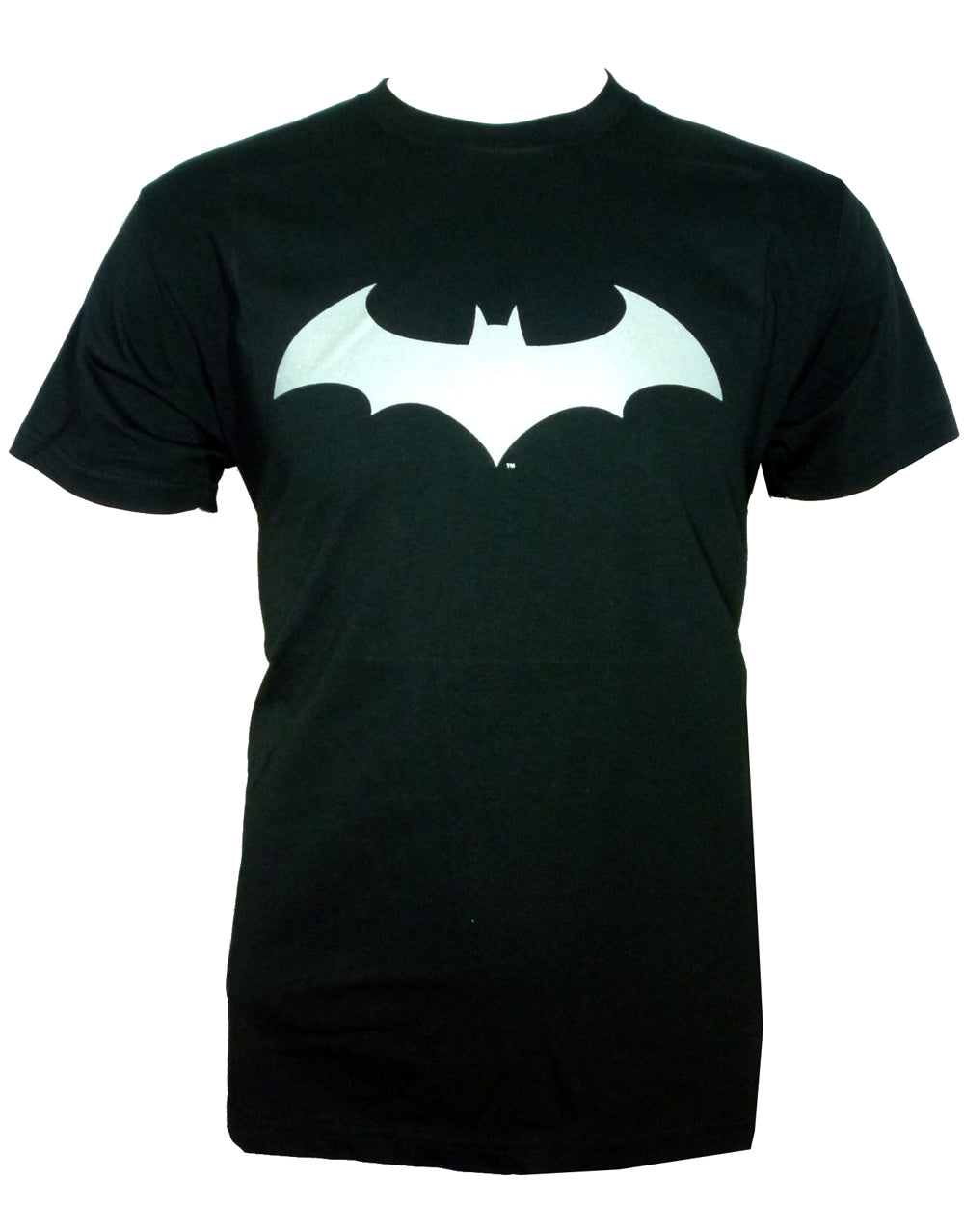 Batman silver sleek logo graphic on a black adult t-shirt.