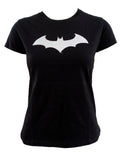Batman silver sleek logo graphic on a black women's t-shirt.